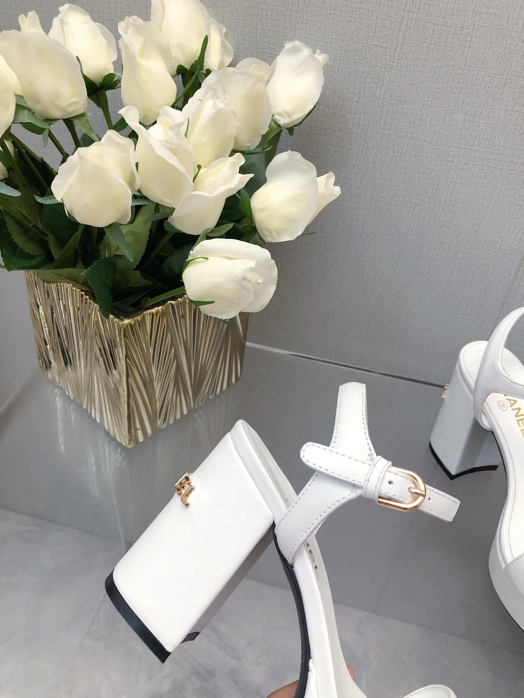 Chanel Block Heel 9 cm Sandal in White Lambskin