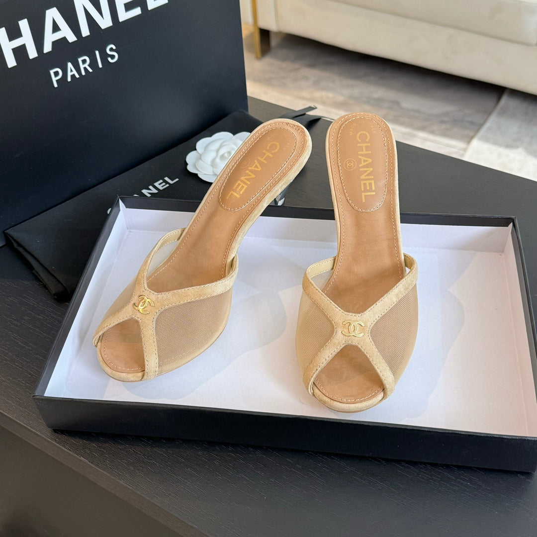 Chanel Double C High Heel Tan Brown Lambskin