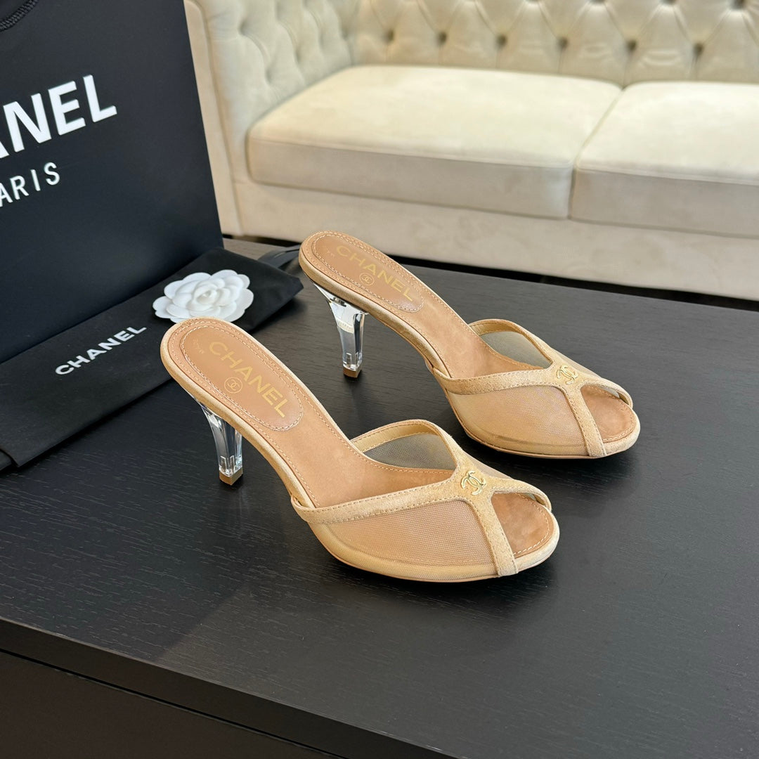 Chanel Double C High Heel Tan Brown Lambskin