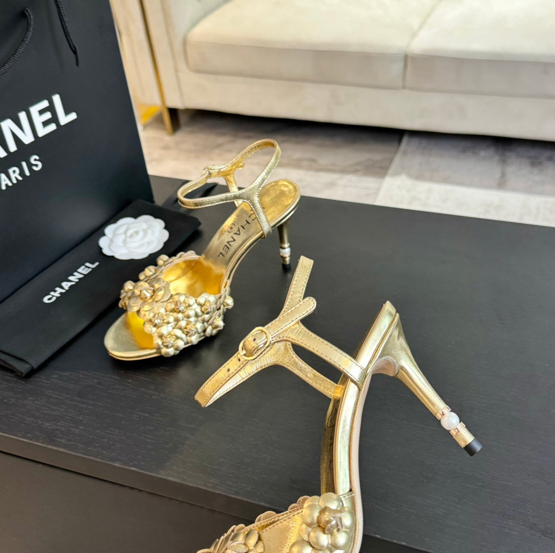 Chanel Little Camellia World Thin High Sandals Gold Lambskin