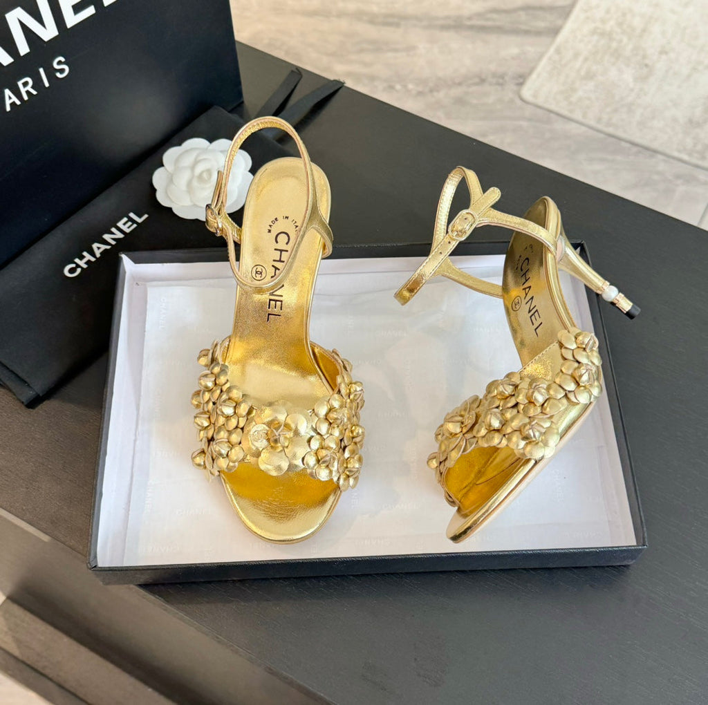 Chanel Little Camellia World Thin High Sandals Gold Lambskin