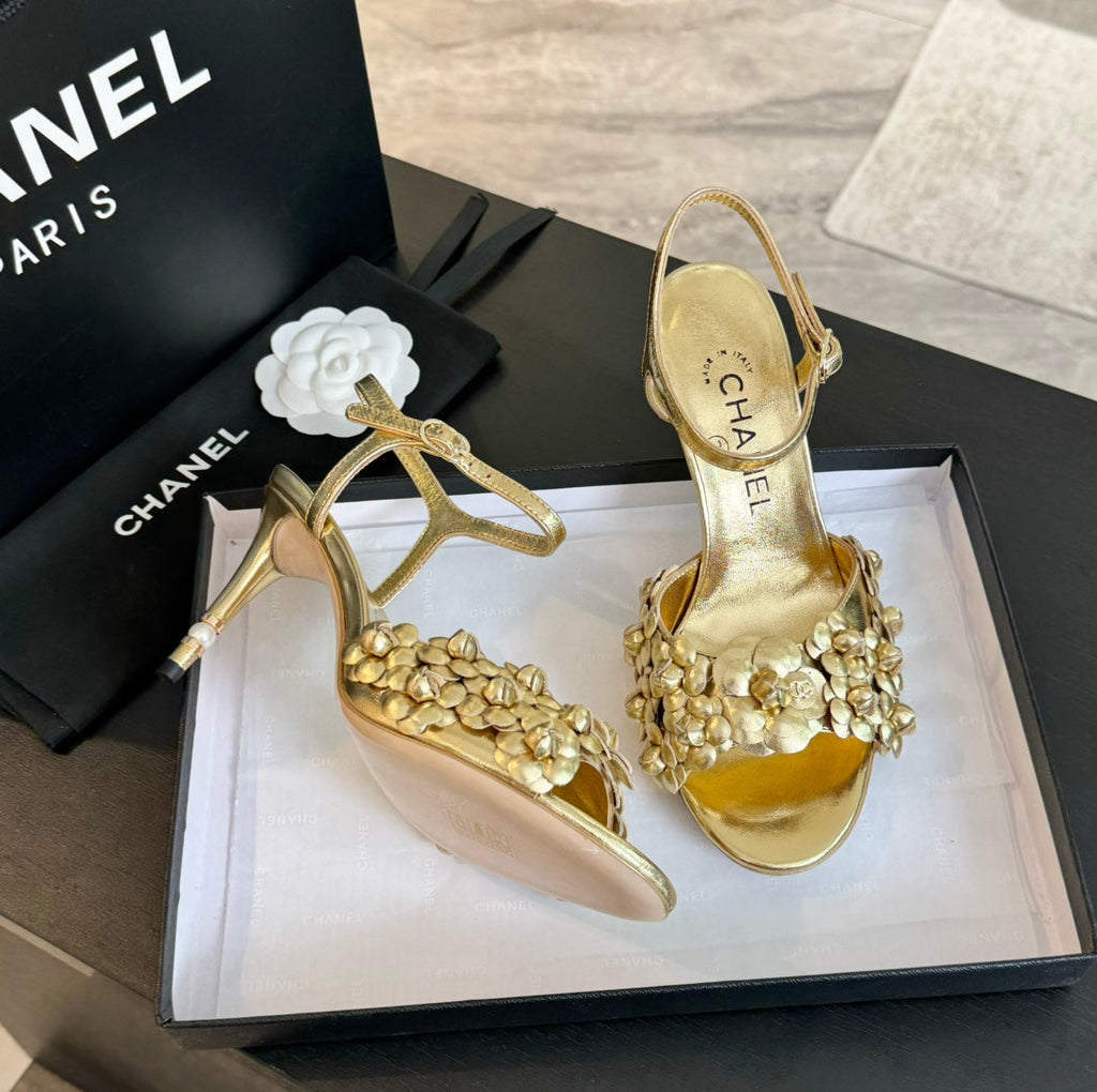 Chanel Little Camellia World Thin High Sandals Gold Lambskin