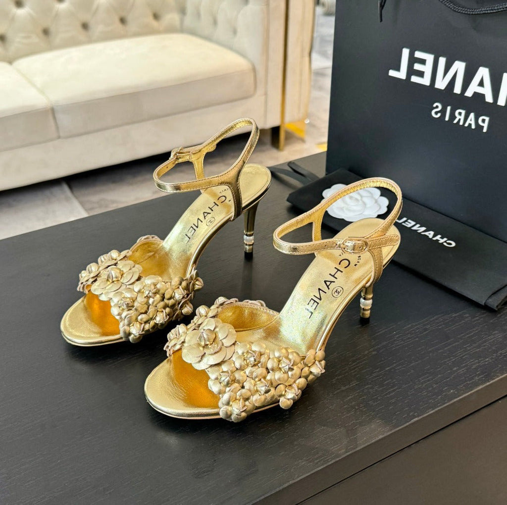 Chanel Little Camellia World Thin High Sandals Gold Lambskin