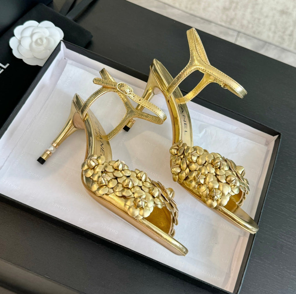 Chanel Little Camellia World Thin High Sandals Gold Lambskin