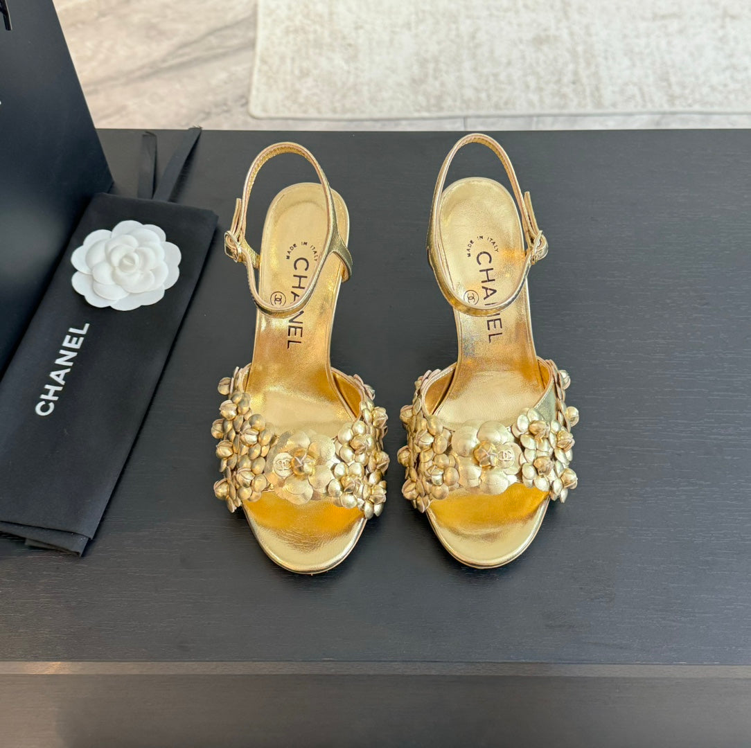 Chanel Little Camellia World Thin High Sandals Gold Lambskin