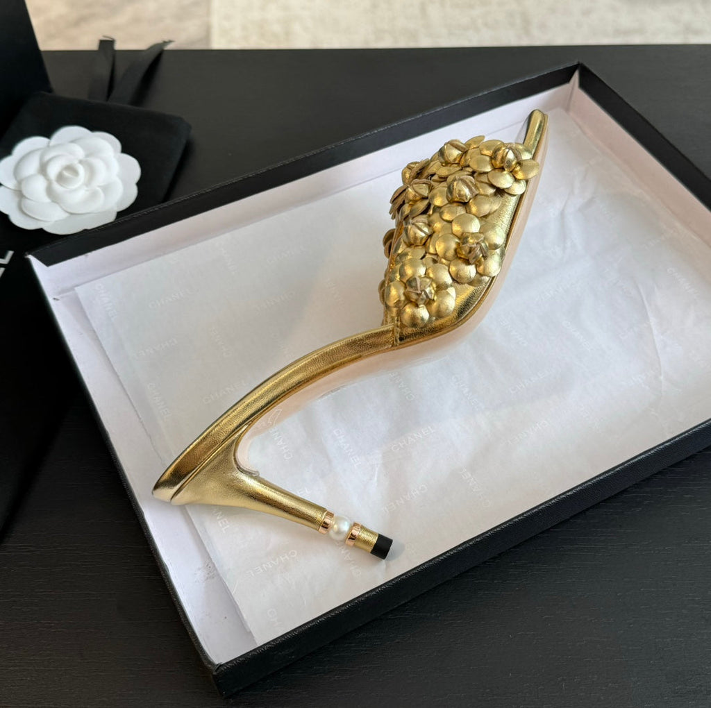 Chanel Little Camellia World Thin High Heels Gold Lambskin