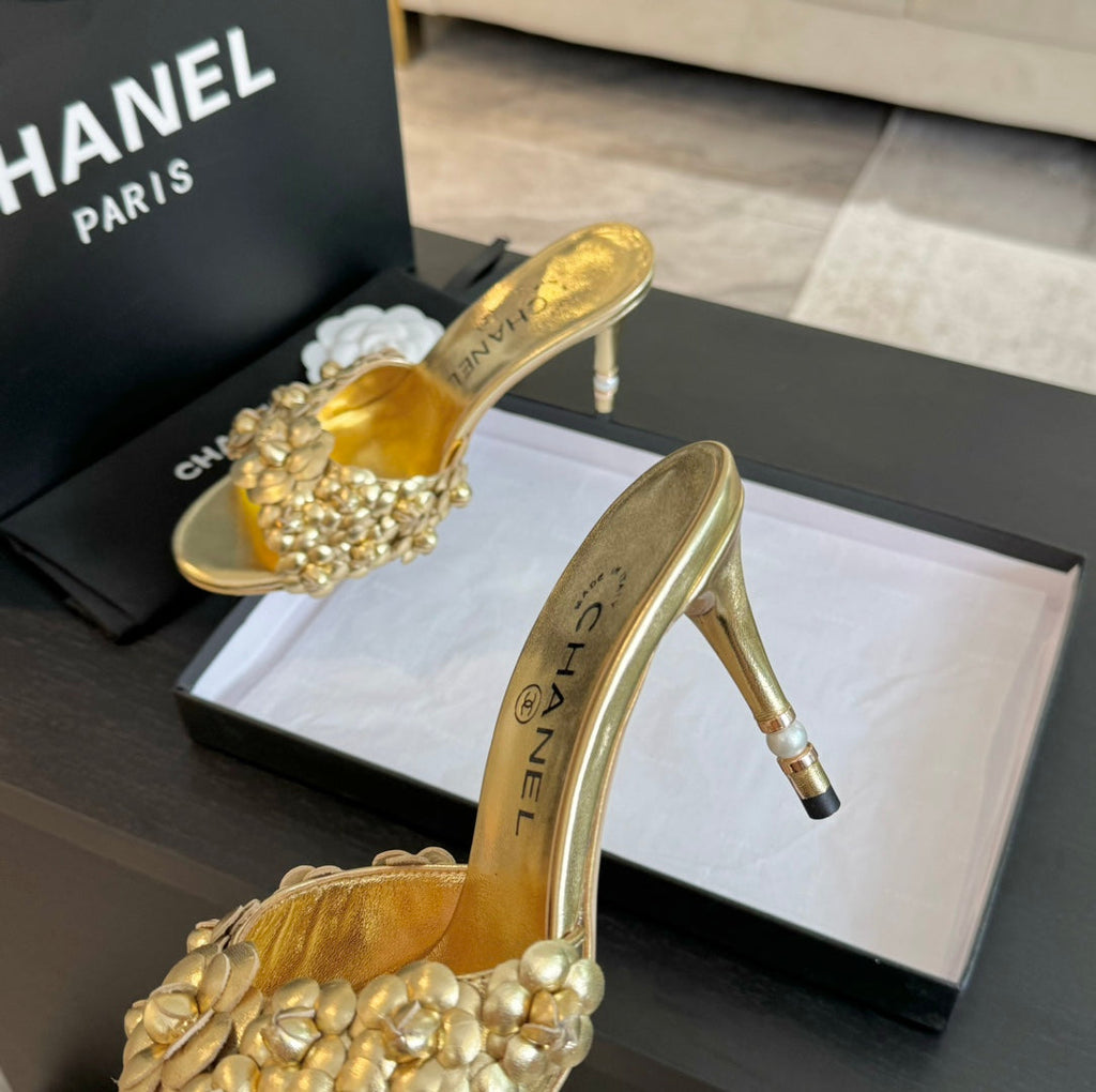 Chanel Little Camellia World Thin High Heels Gold Lambskin