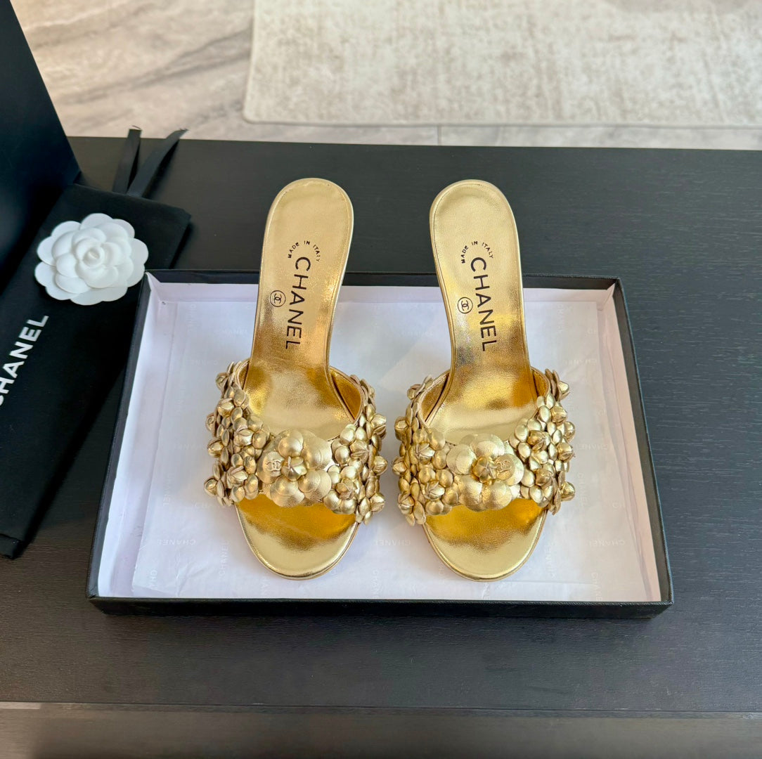 Chanel Little Camellia World Thin High Heels Gold Lambskin
