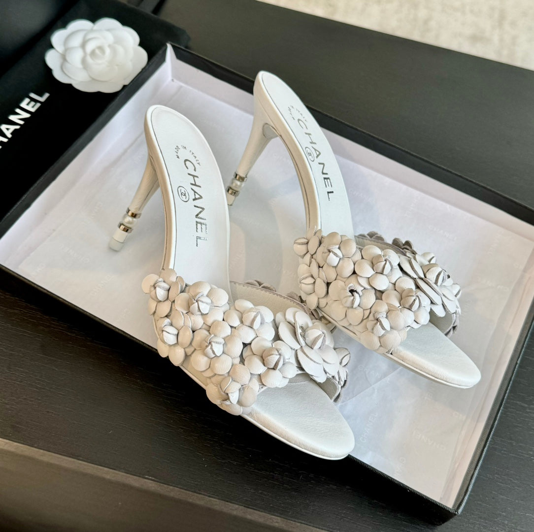 Chanel Little Camellia World Thin High Heels White Lambskin