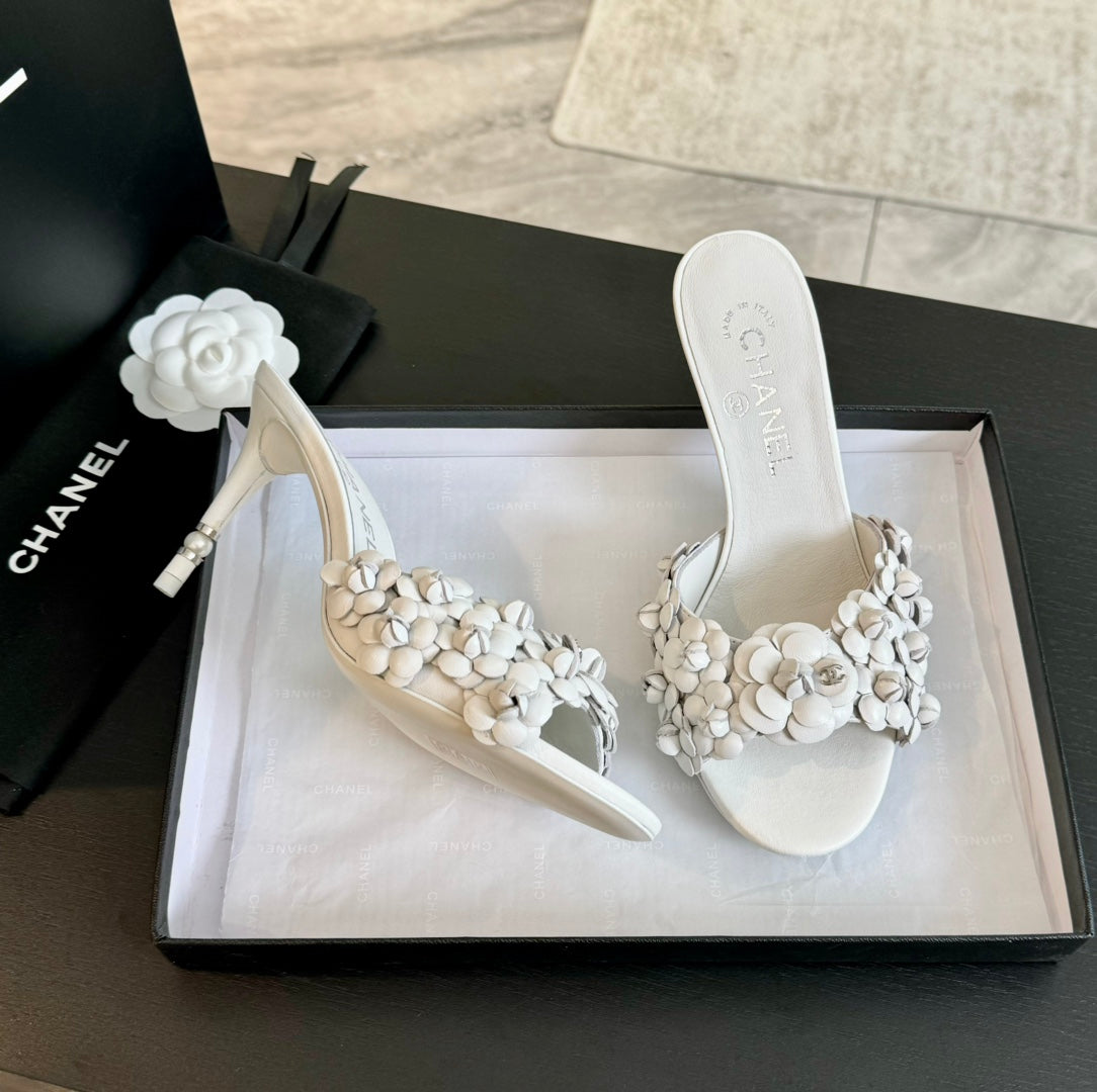 Chanel Little Camellia World Thin High Heels White Lambskin