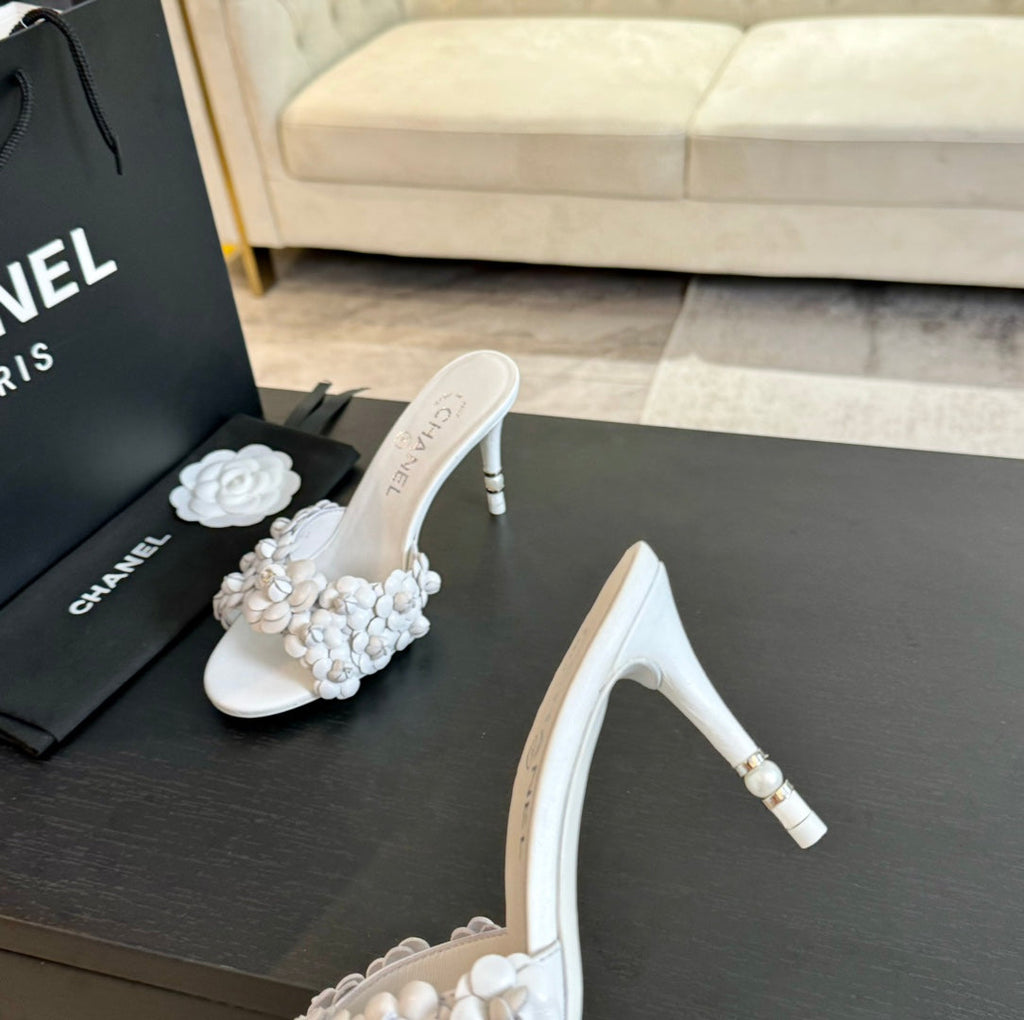 Chanel Little Camellia World Thin High Heels White Lambskin