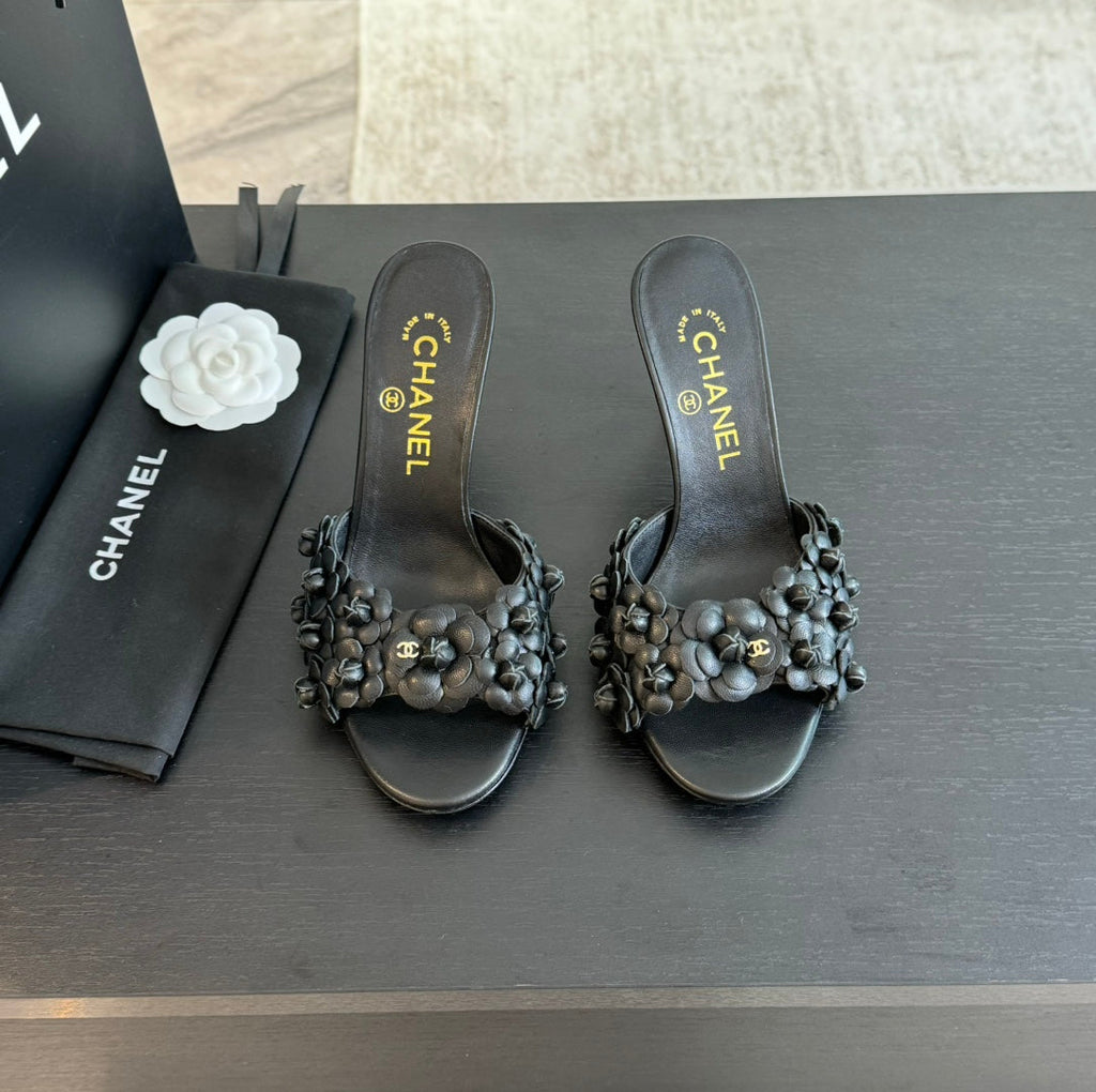 Chanel Little Camellia World Thin High Heels Black Lambskin
