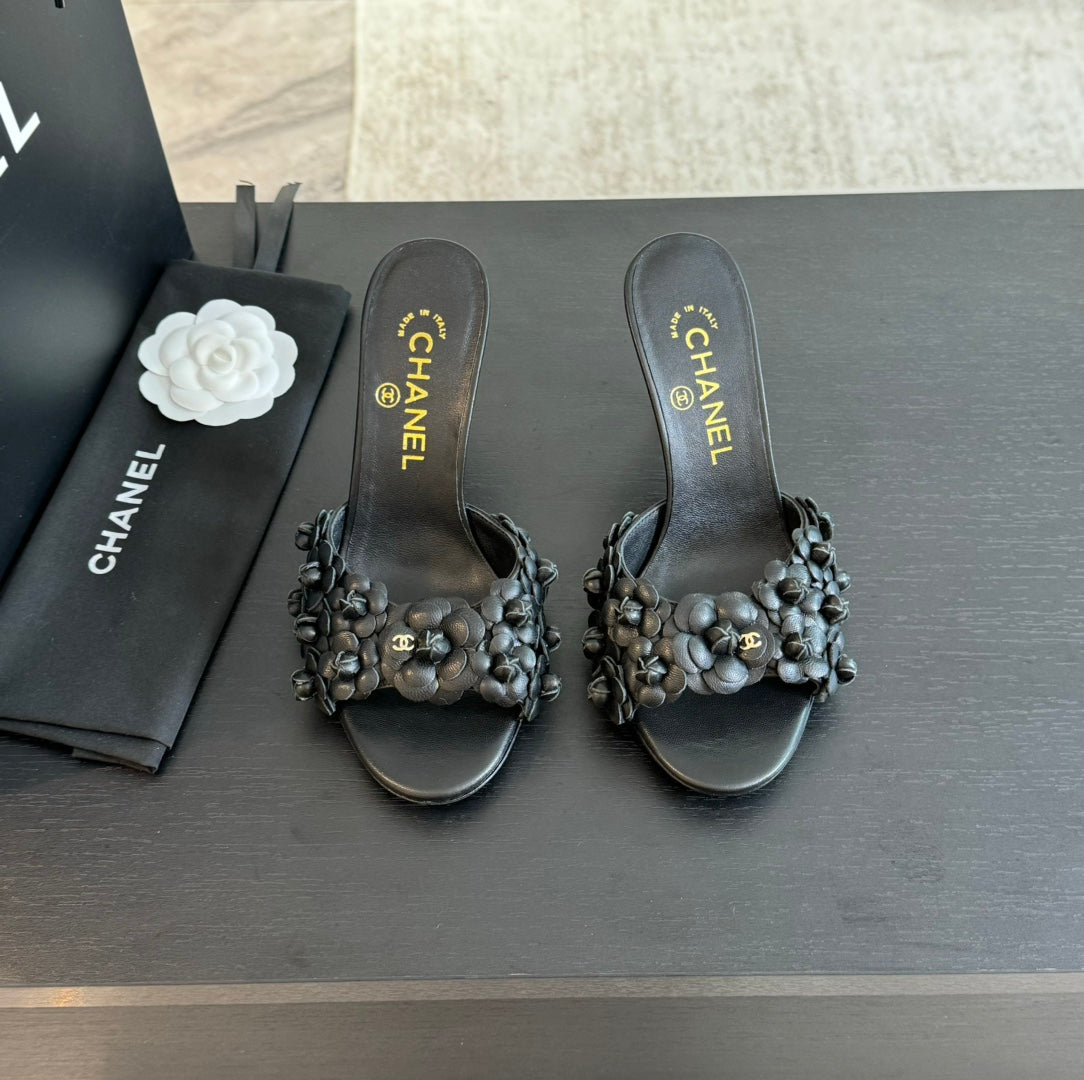 Chanel Little Camellia World Thin High Heels Black Lambskin