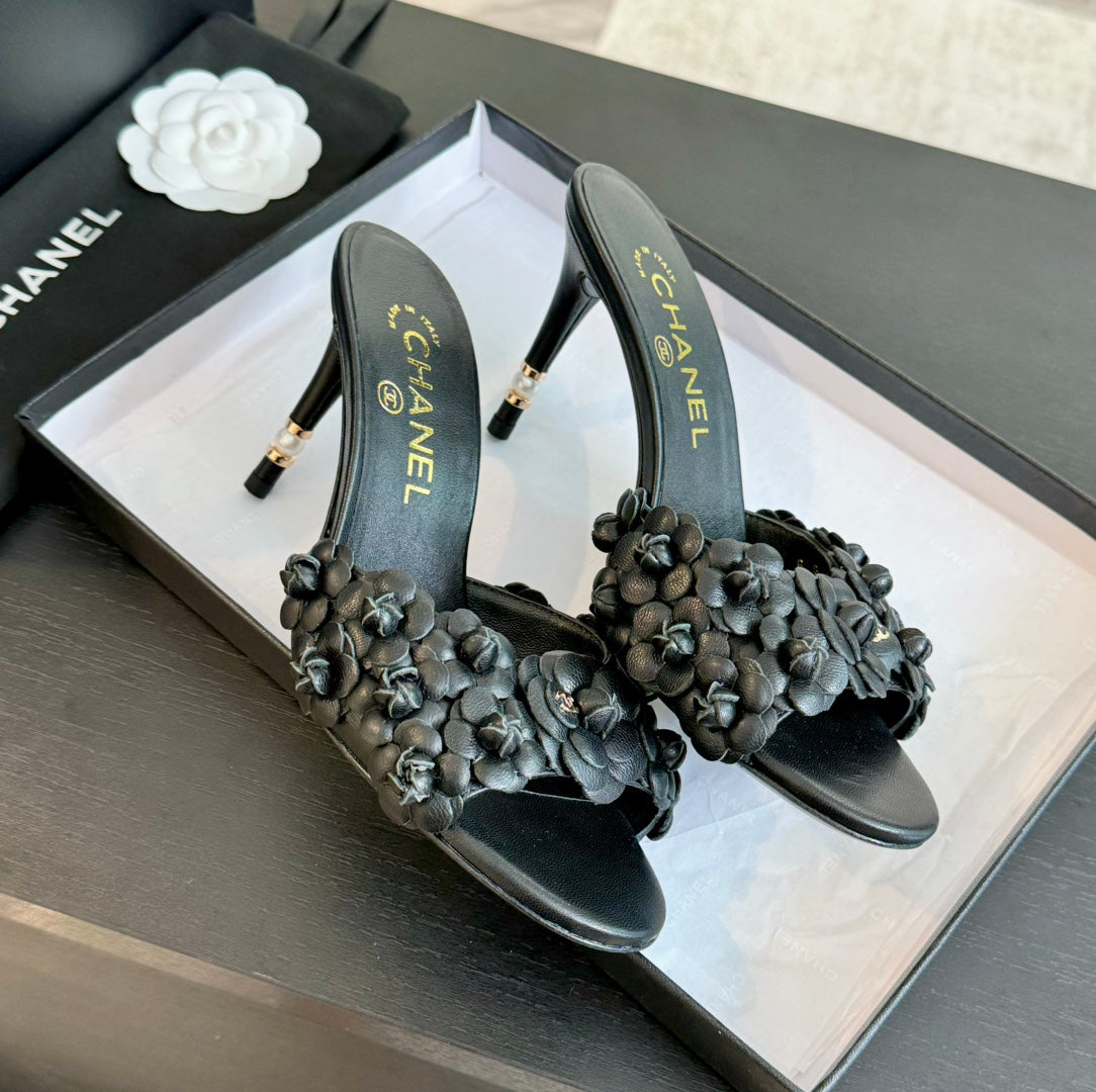 Chanel Little Camellia World Thin High Heels Black Lambskin