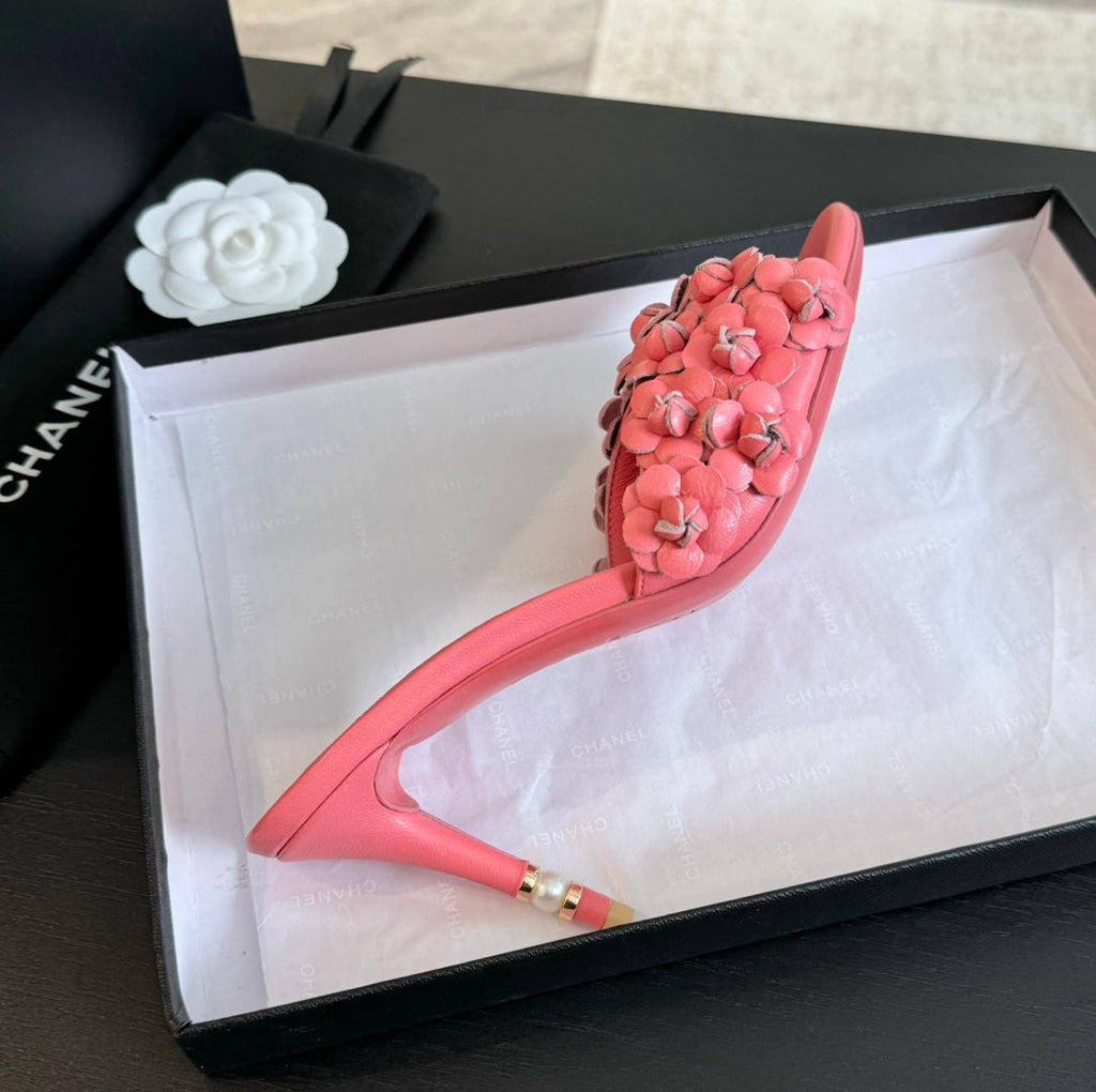Chanel Little Camellia World Thin High Heels Rose Pink Lambskin