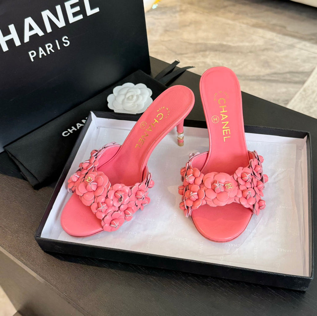 Chanel Little Camellia World Thin High Heels Rose Pink Lambskin