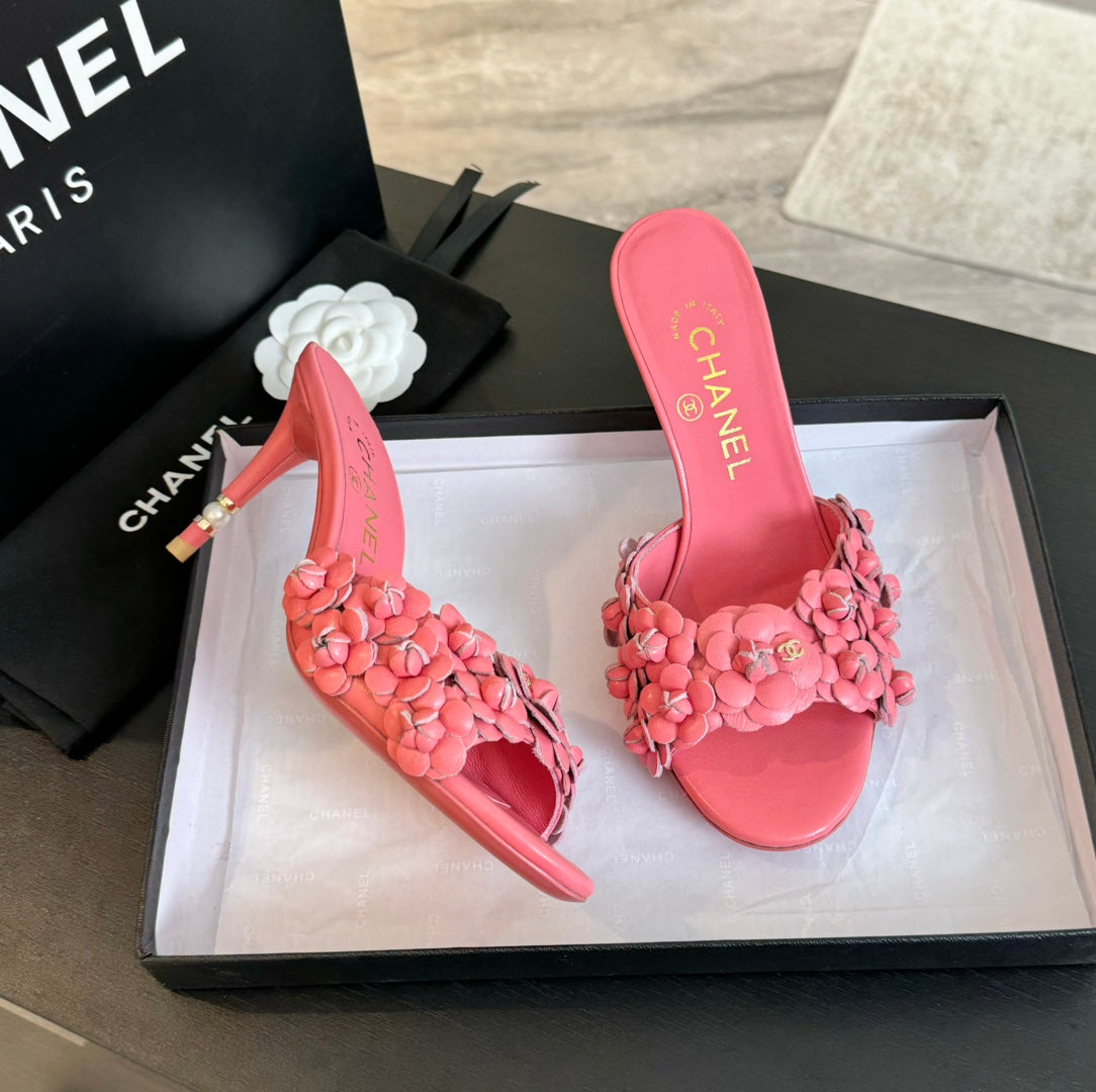 Chanel Little Camellia World Thin High Heels Rose Pink Lambskin