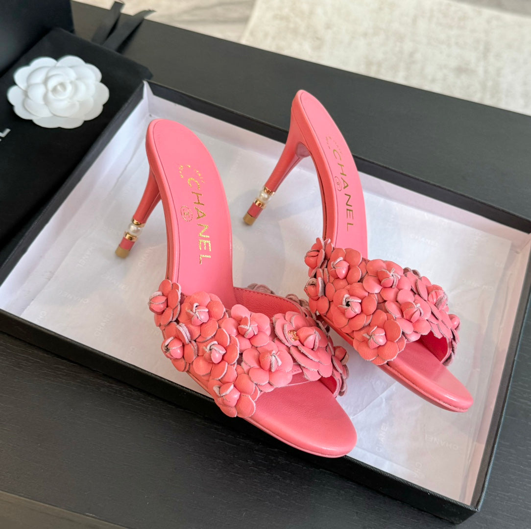 Chanel Little Camellia World Thin High Heels Rose Pink Lambskin