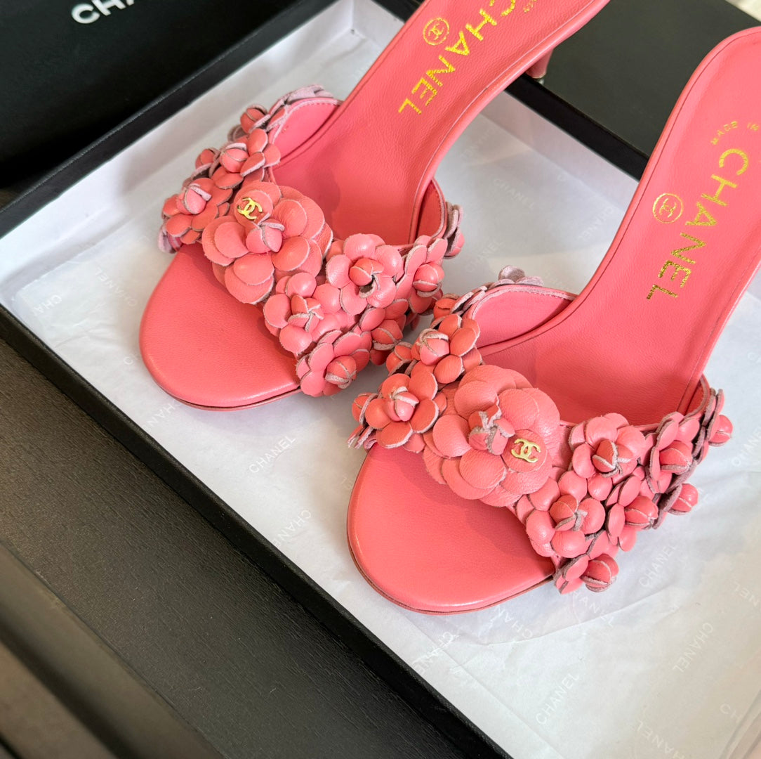 Chanel Little Camellia World Thin High Heels Rose Pink Lambskin