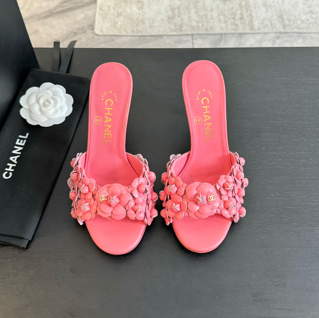 Chanel Little Camellia World Thin High Heels Rose Pink Lambskin