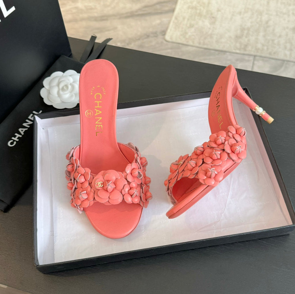 Chanel Little Camellia World Thin High Heels Rose Pink Lambskin