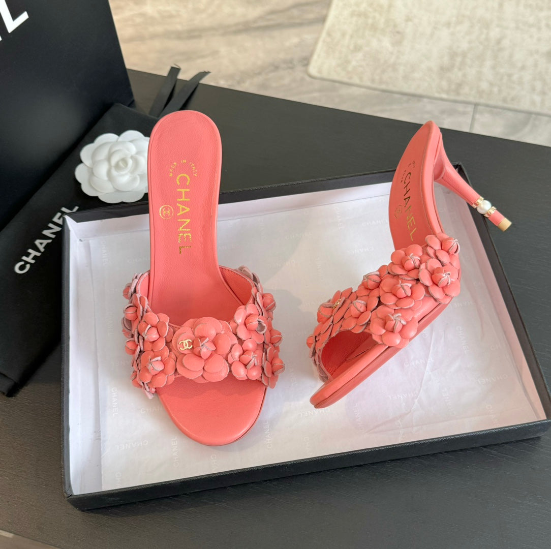 Chanel Little Camellia World Thin High Heels Rose Pink Lambskin