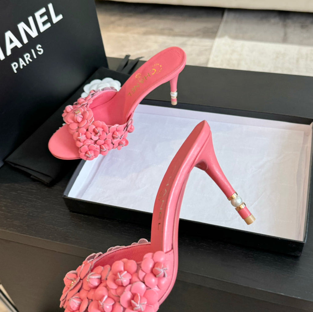 Chanel Little Camellia World Thin High Heels Rose Pink Lambskin