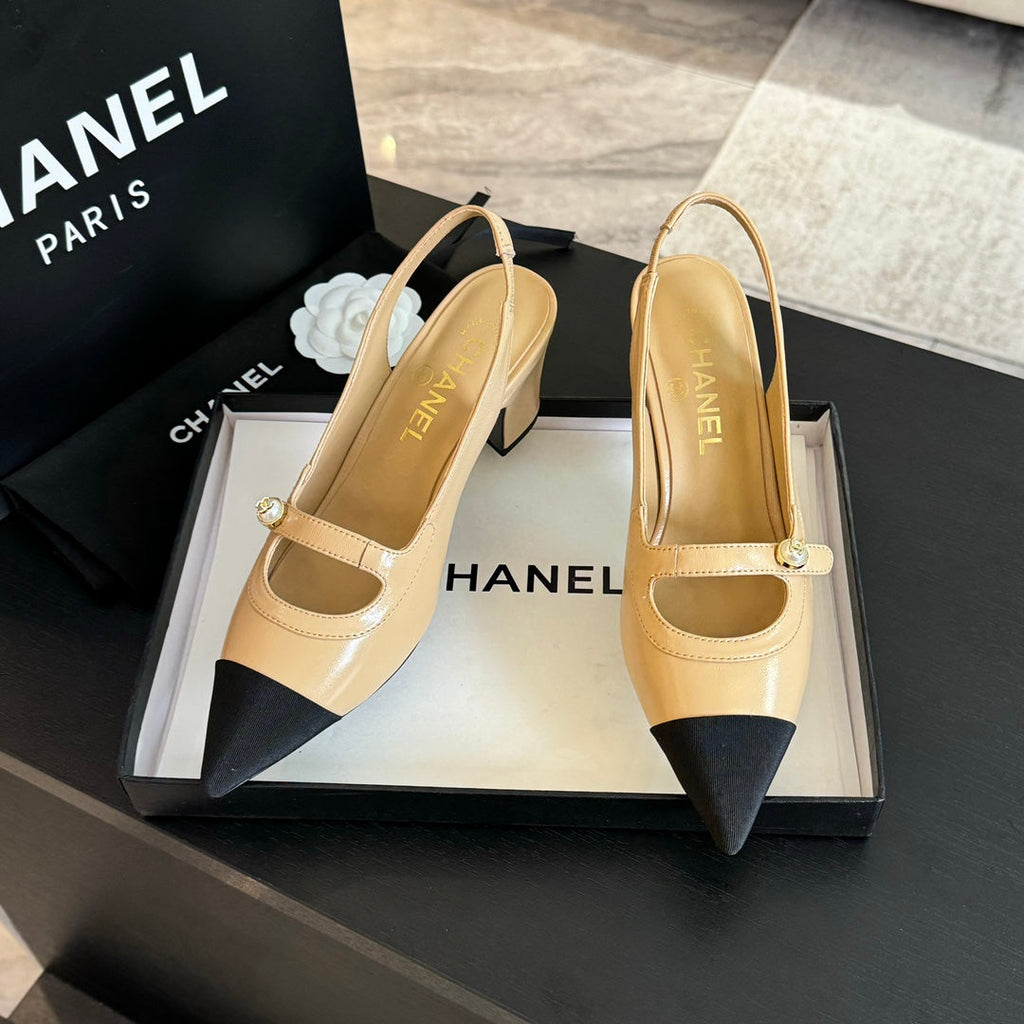 Chanel Double C Women's Slingback Spirit Toe Tan Brown Lambskin