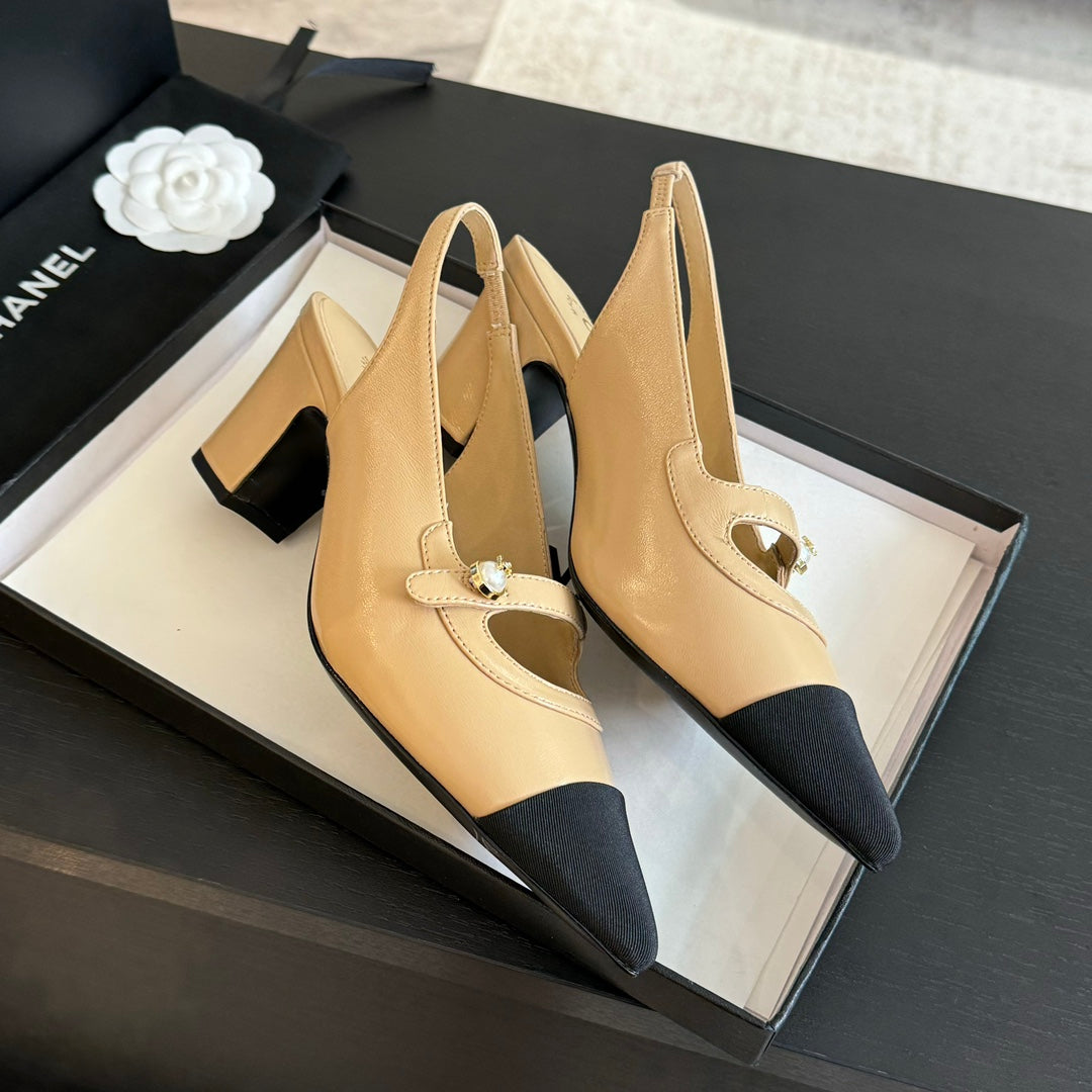Chanel Double C Women's Slingback Spirit Toe Tan Brown Lambskin