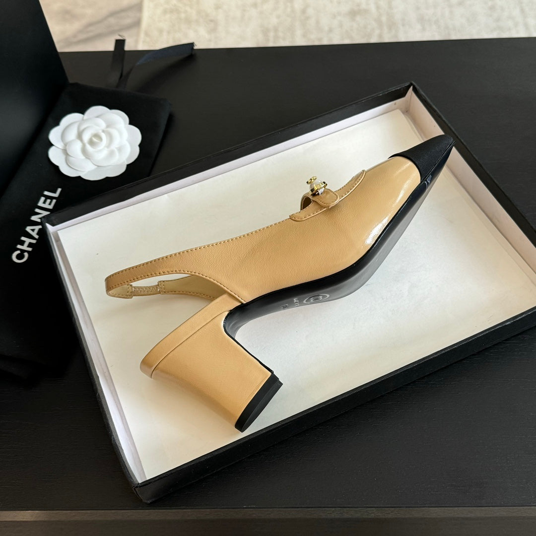 Chanel Double C Women's Slingback Spirit Toe Tan Brown Lambskin