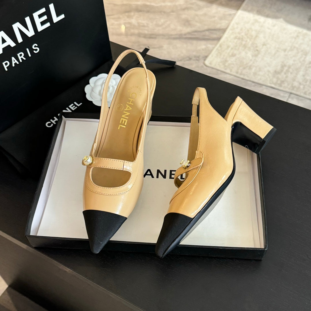 Chanel Double C Women's Slingback Spirit Toe Tan Brown Lambskin