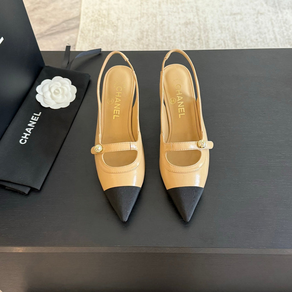 Chanel Double C Women's Slingback Spirit Toe Tan Brown Lambskin