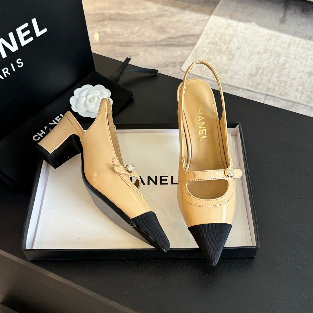 Chanel Double C Women's Slingback Spirit Toe Tan Brown Lambskin