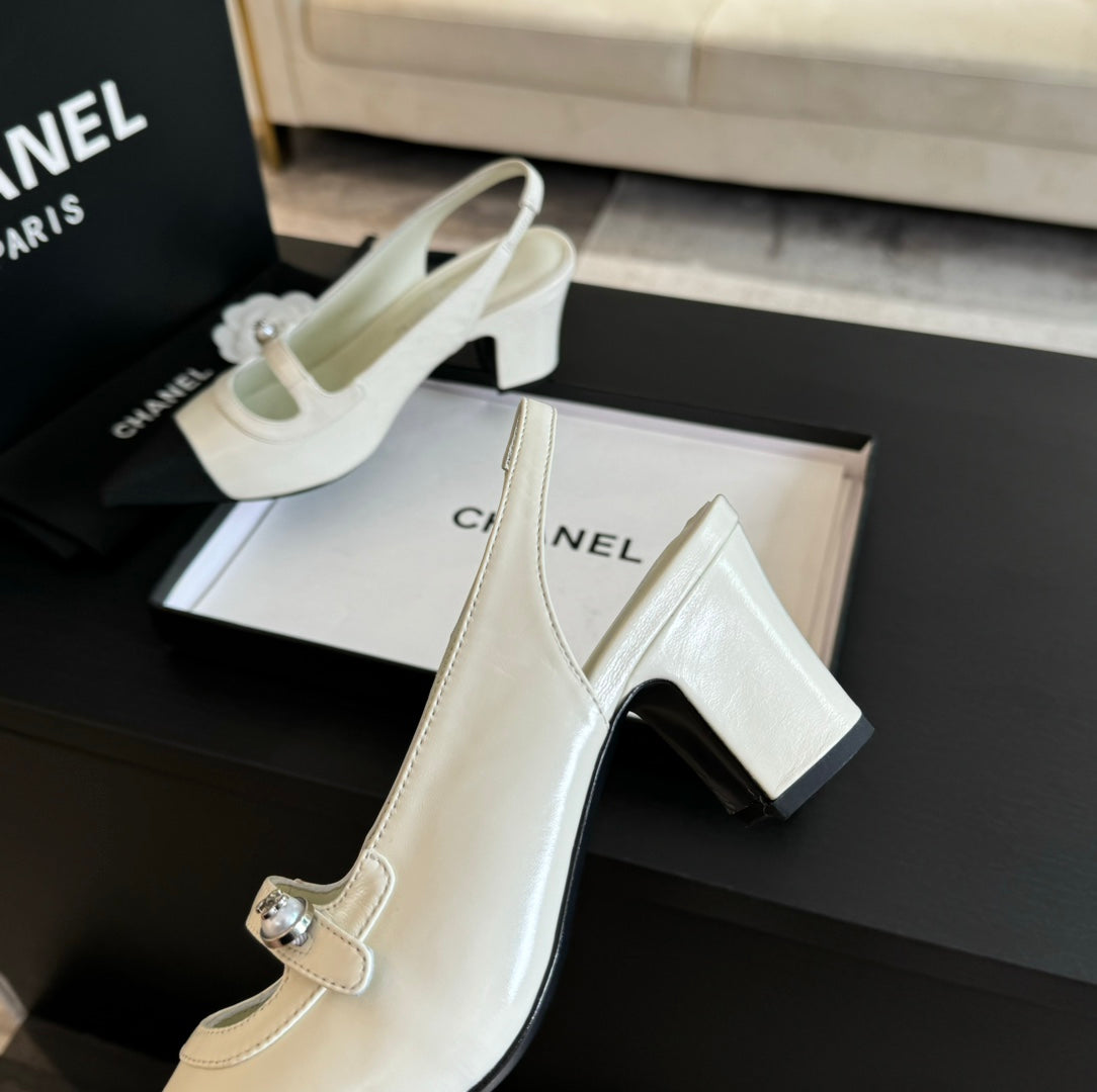 Chanel Double C Women's Slingback Spirit Toe White Lambskin