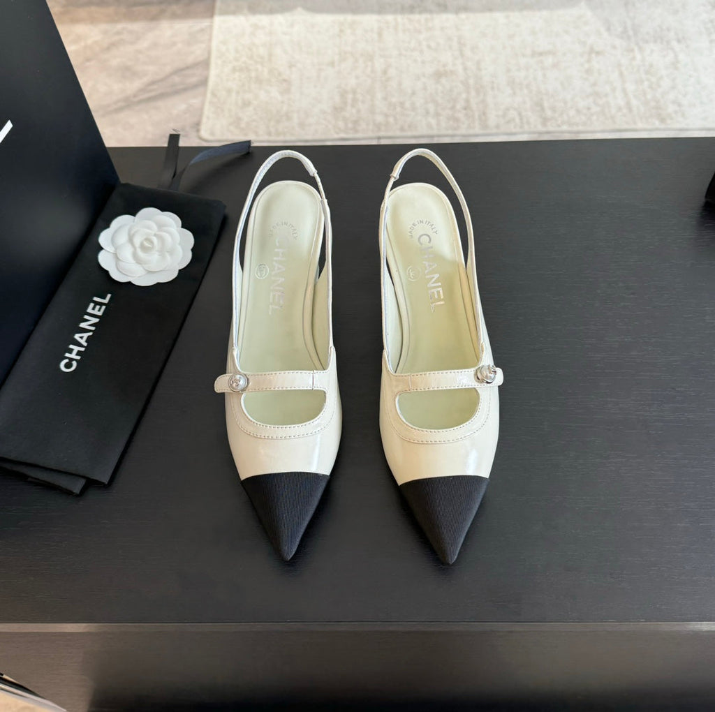 Chanel Double C Women's Slingback Spirit Toe White Lambskin
