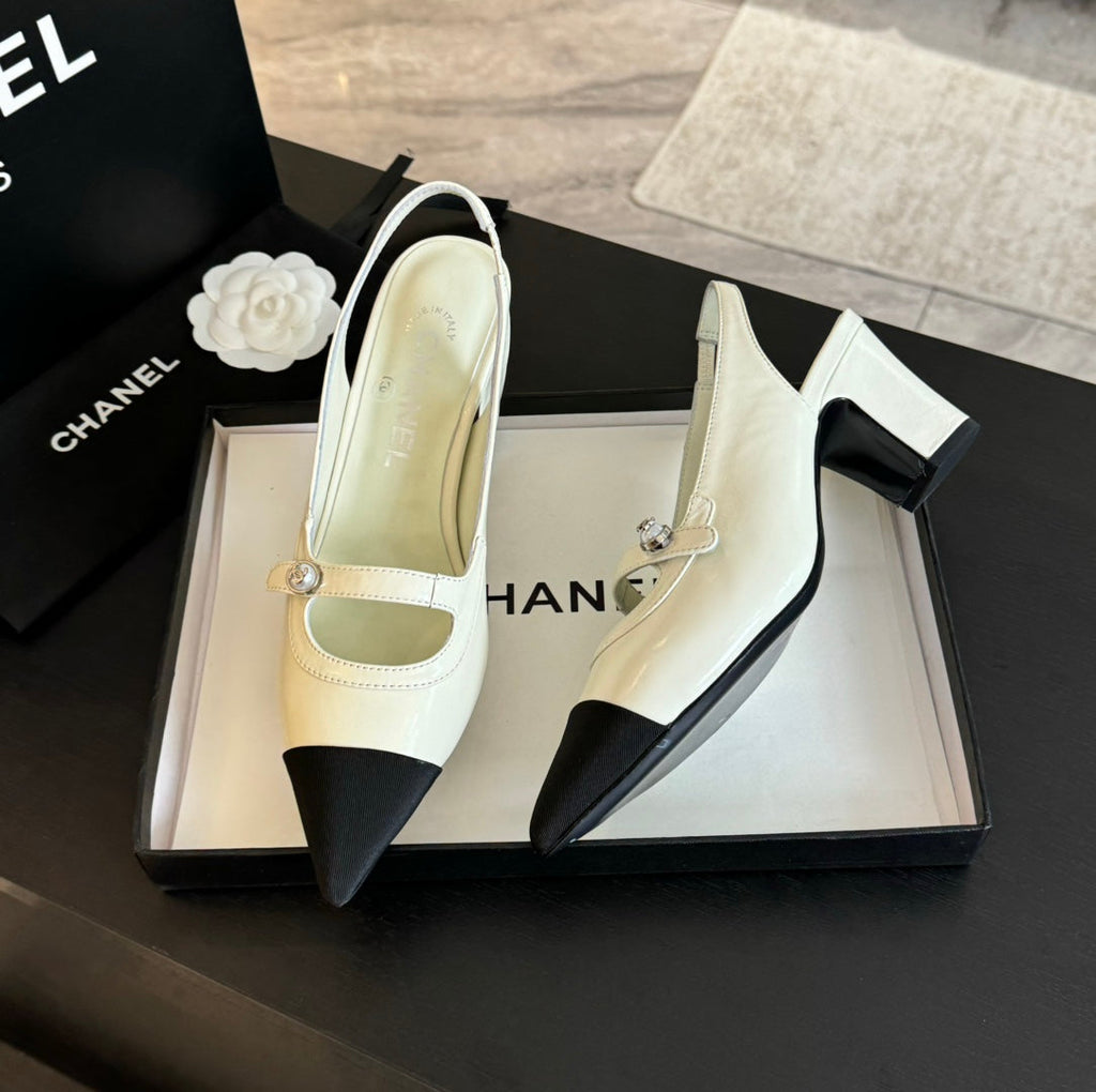Chanel Double C Women's Slingback Spirit Toe White Lambskin