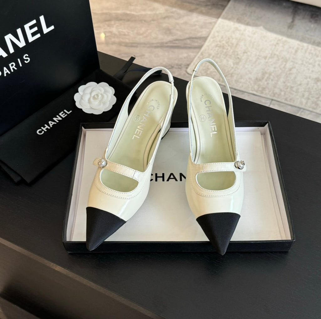 Chanel Double C Women's Slingback Spirit Toe White Lambskin