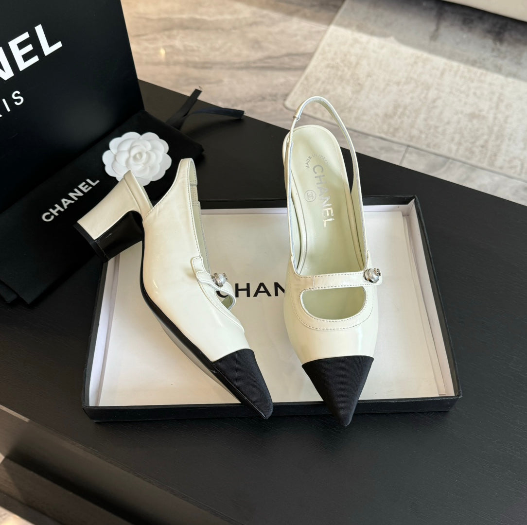 Chanel Double C Women's Slingback Spirit Toe White Lambskin