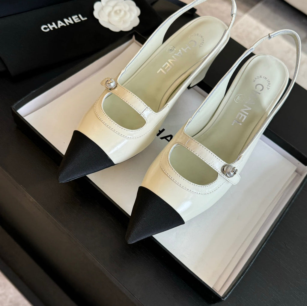 Chanel Double C Women's Slingback Spirit Toe White Lambskin