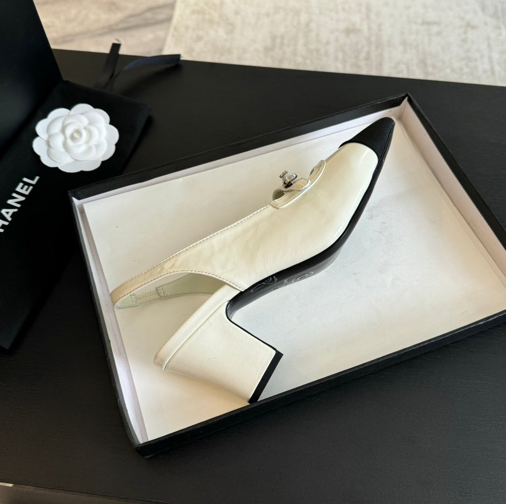 Chanel Double C Women's Slingback Spirit Toe White Lambskin