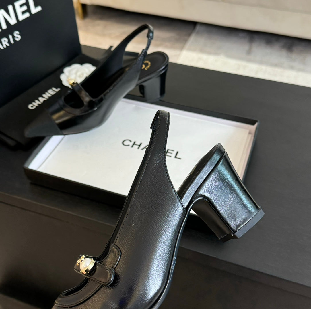 Chanel Double C Women's Slingback Spirit Toe Black Lambskin