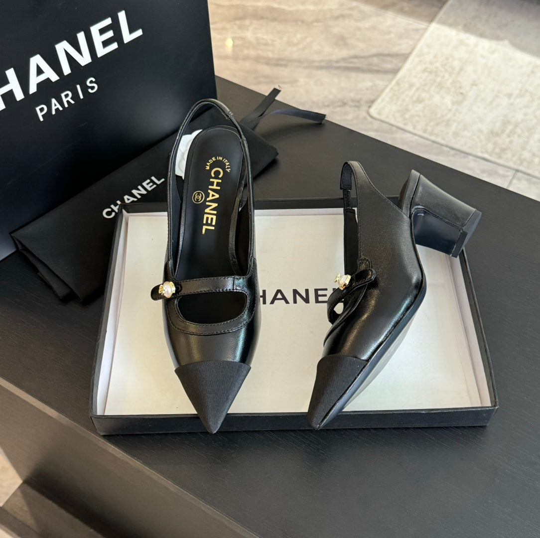Chanel Double C Women's Slingback Spirit Toe Black Lambskin
