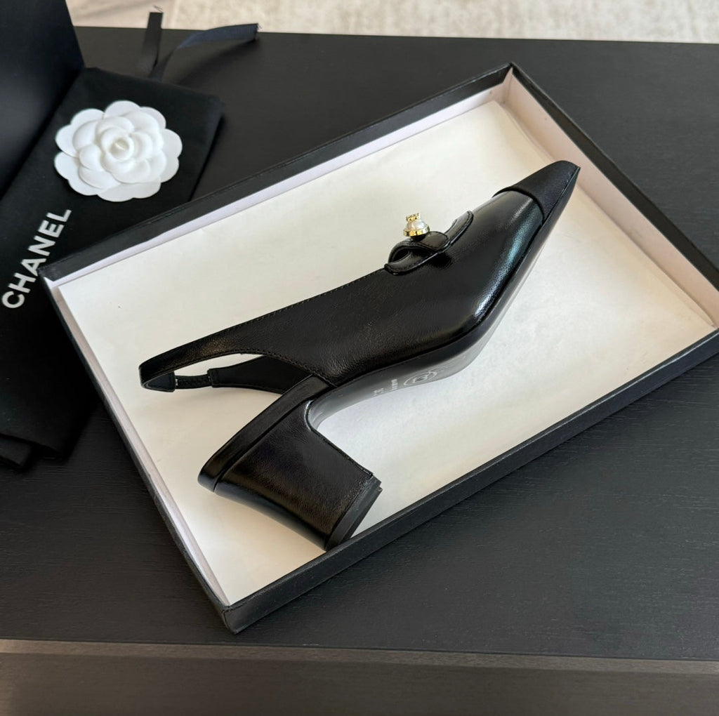 Chanel Double C Women's Slingback Spirit Toe Black Lambskin