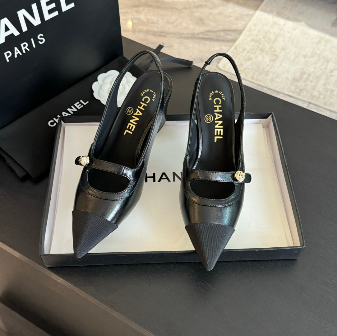 Chanel Double C Women's Slingback Spirit Toe Black Lambskin