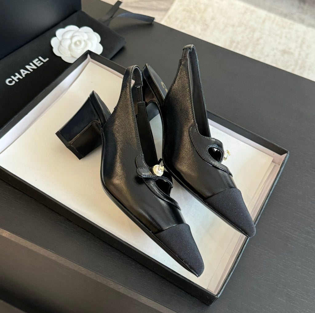 Chanel Double C Women's Slingback Spirit Toe Black Lambskin