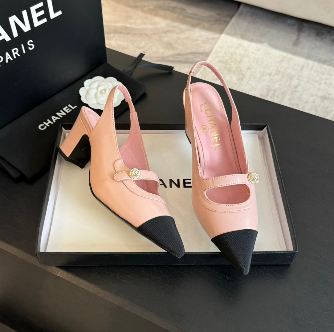 Chanel Double C Women's Slingback Spirit Toe Light Pink Lambskin