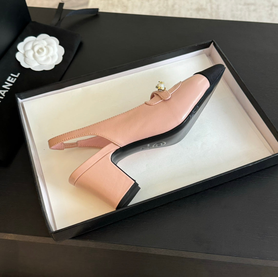 Chanel Double C Women's Slingback Spirit Toe Light Pink Lambskin