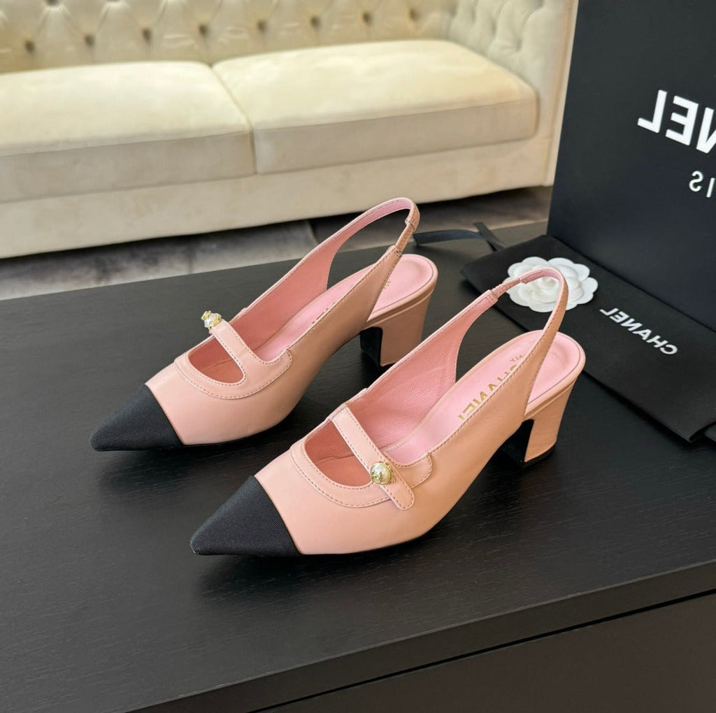 Chanel Double C Women's Slingback Spirit Toe Light Pink Lambskin