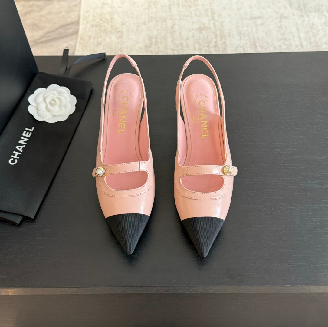 Chanel Double C Women's Slingback Spirit Toe Light Pink Lambskin