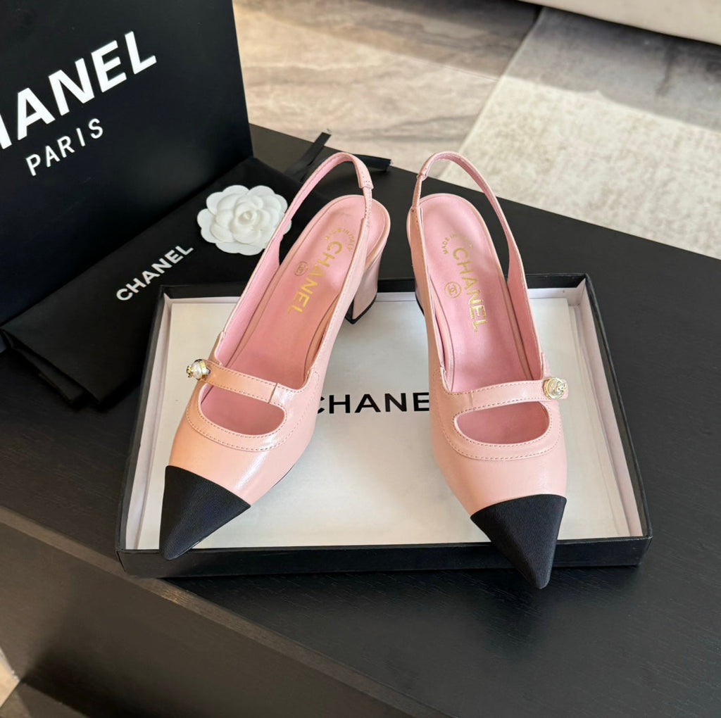 Chanel Double C Women's Slingback Spirit Toe Light Pink Lambskin